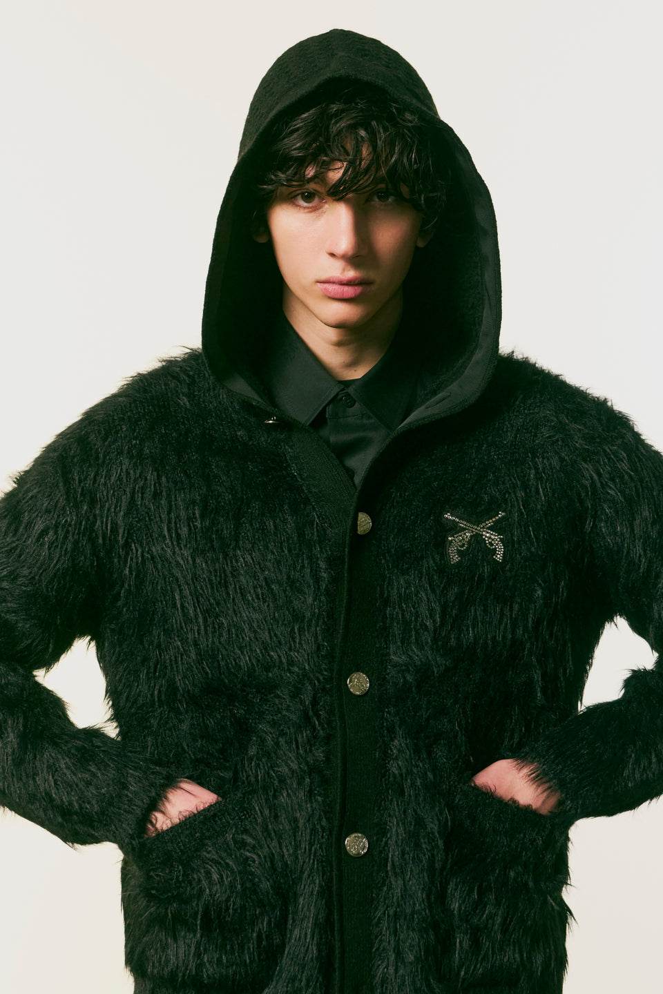 画像をギャラリービューアに読み込む, FAR BASKET KNIT HOODIE / BLACK