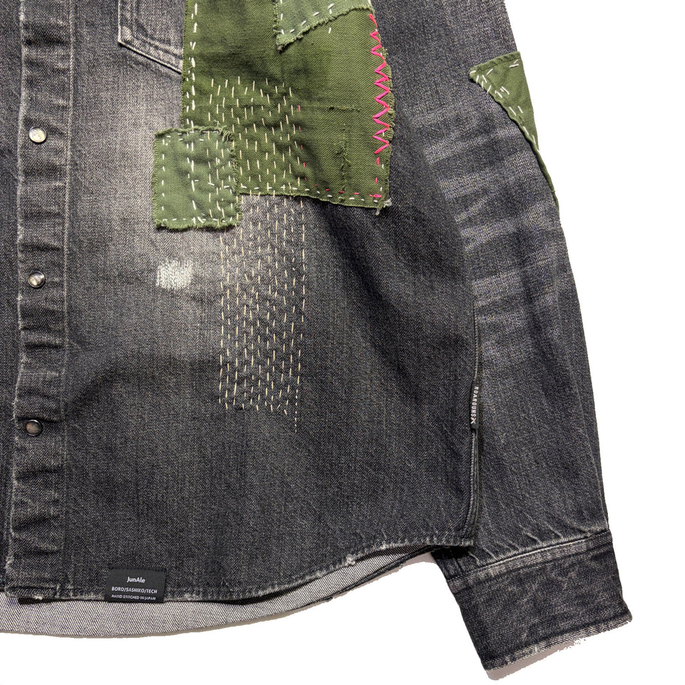 画像をギャラリービューアに読み込む, JunAle SASHIKO 11.9oz DENIM SHIRT SMILY/ BLACK
