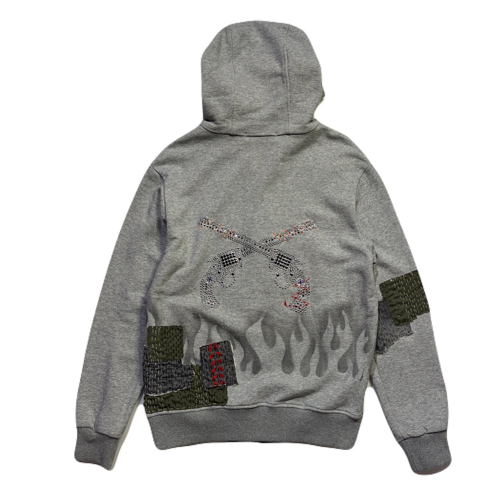 画像をギャラリービューアに読み込む, JunAle SASHIKO FLEECY HOODIE FIRE PATTERN / GRAY
