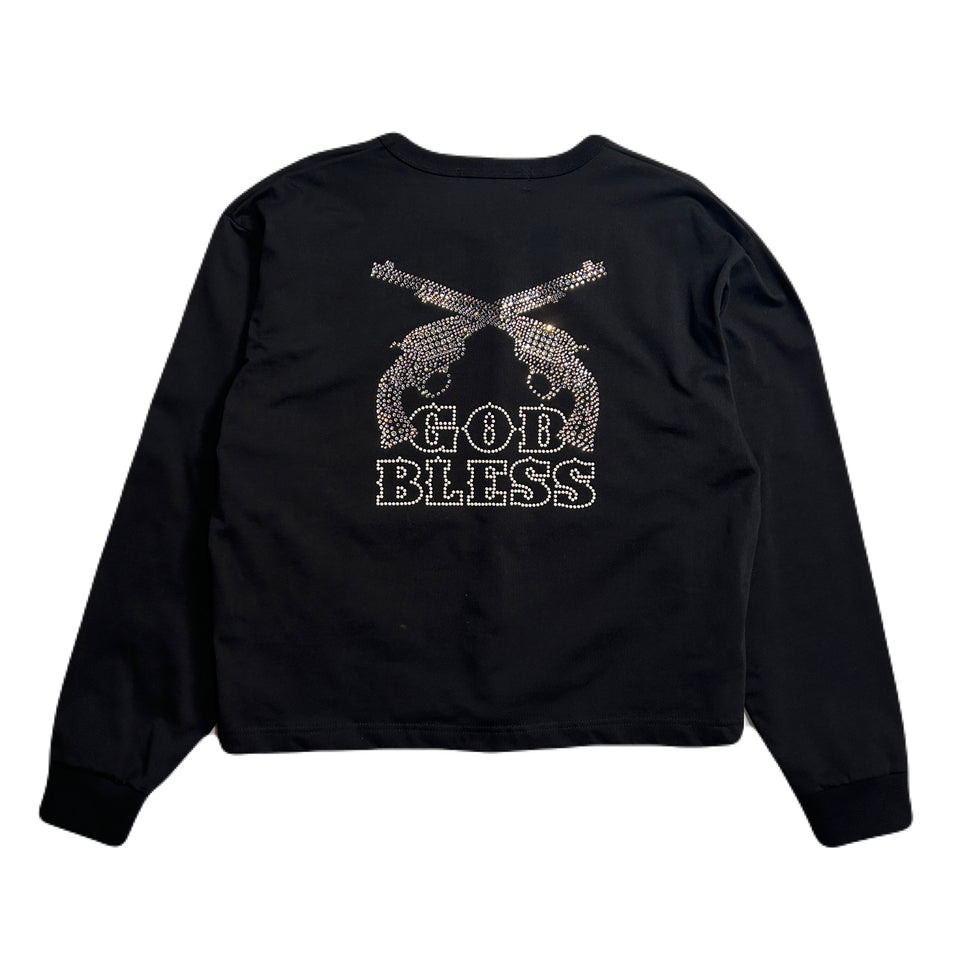 将图片加载到图库查看器，WOMEN GOD BLESS CRYSTAL CROSSGUN LONG SLEEVE T / BLACK