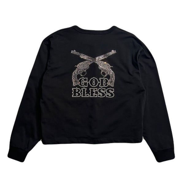 WOMEN GOD BLESS CRYSTAL CROSSGUN LONG SLEEVE T / BLACK