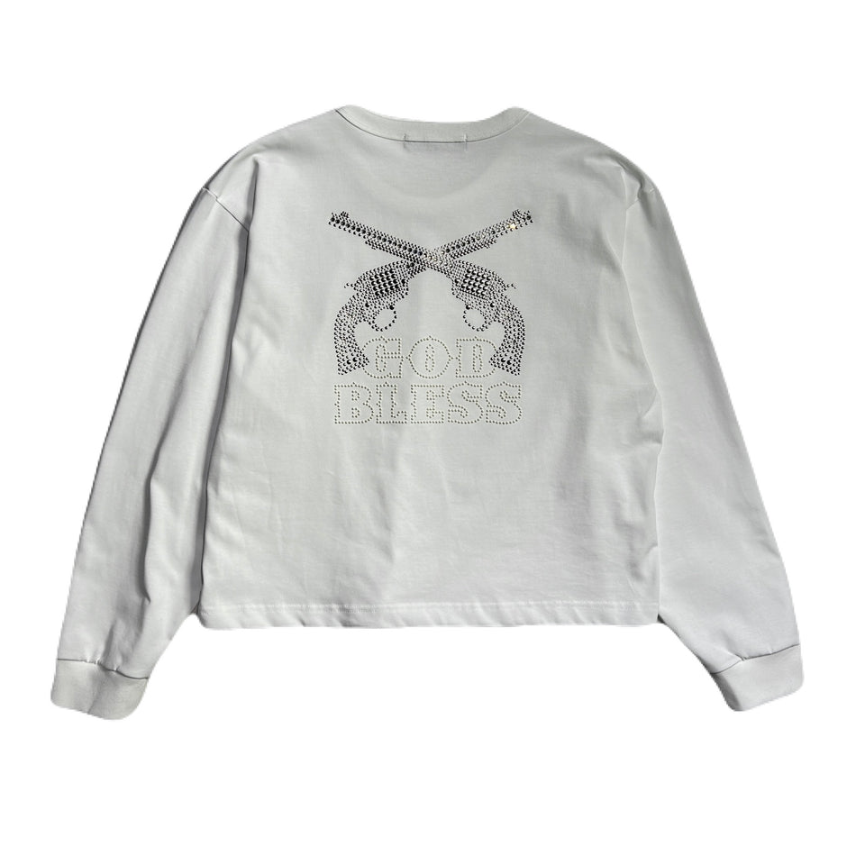 将图片加载到图库查看器，WOMEN GOD BLESS METAL CROSSGUN LONG SLEEVE T / WHITE