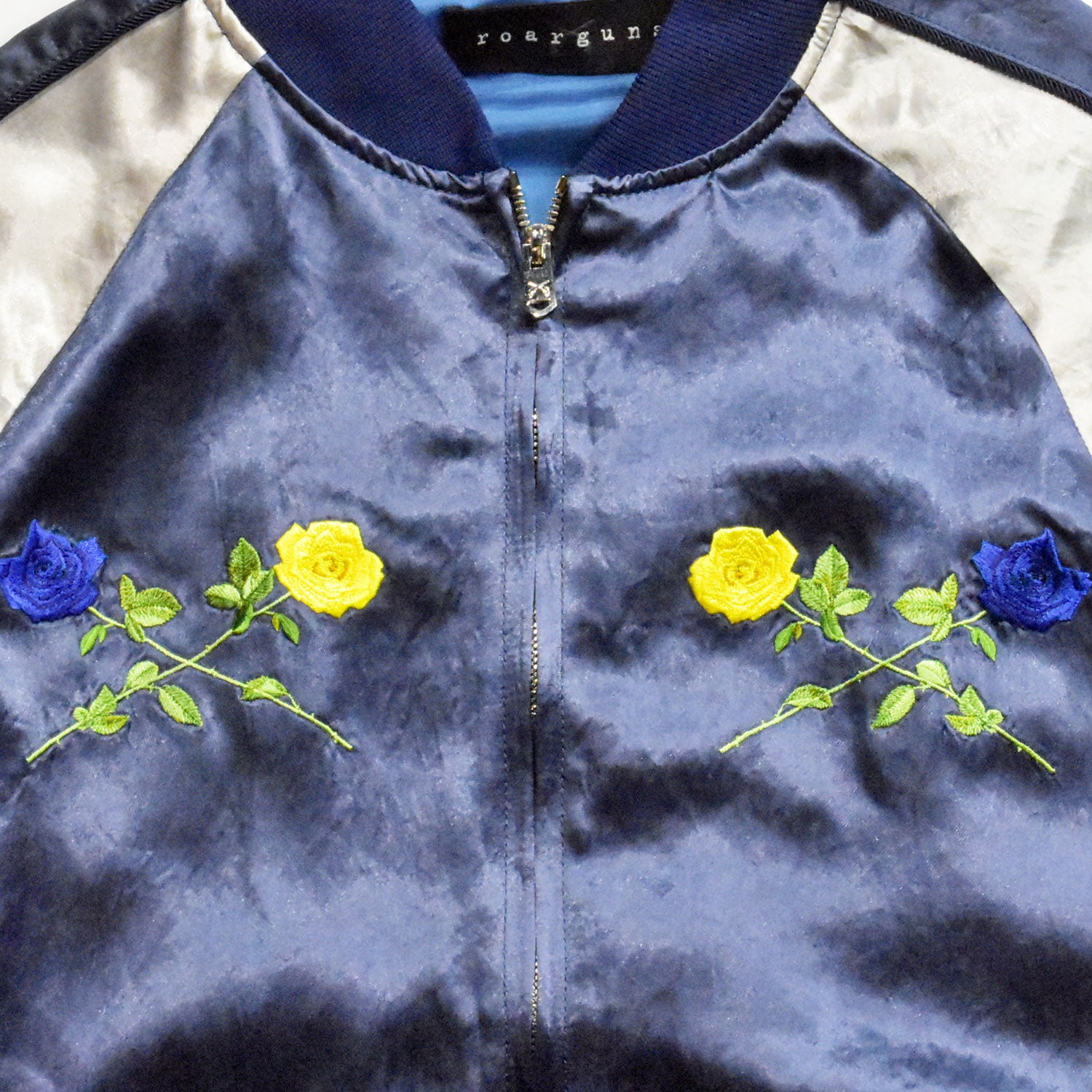 Load image into Gallery viewer, ROSE EMBROIDERY SATIN SKA JACKET / BLUE