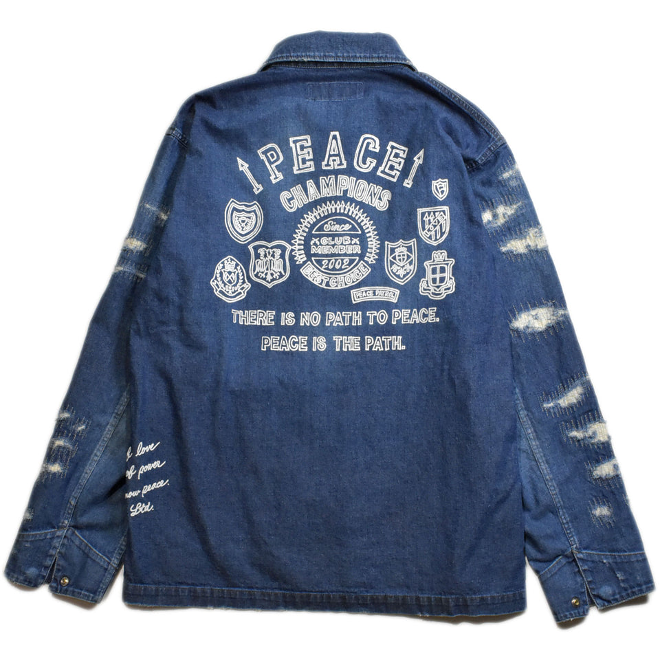 Load image into Gallery viewer, DENIM COVERALL JACKET HAND DRAWING MESSAGE PRINT